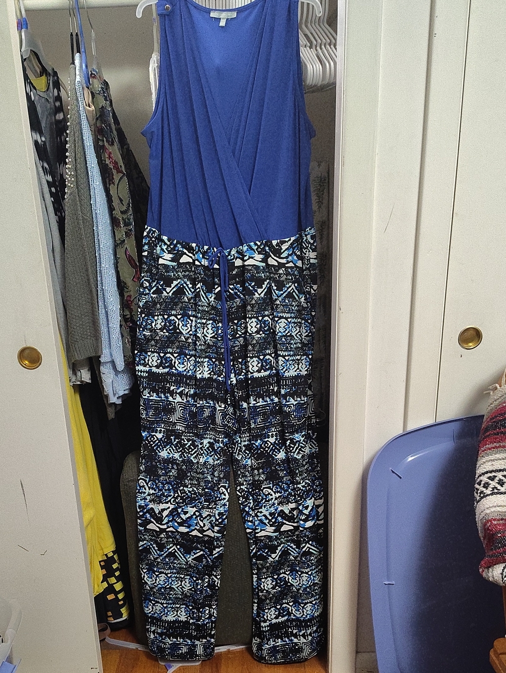 NY Collection Royal Blue & Black Patterned Sleeveless Jumpsuit